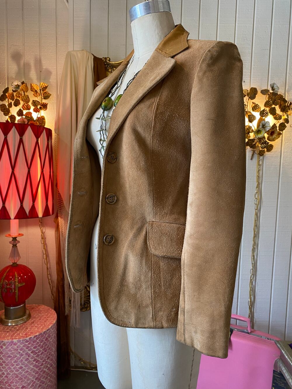 vintage 1970s fitted suede jacket, elbow patched, 70s leather, retro, western ss
